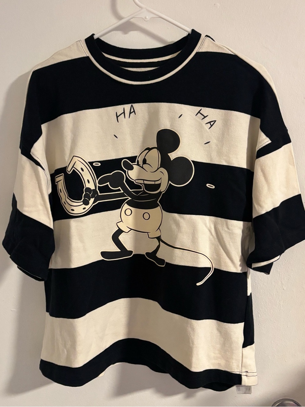Disney Mickey Mouse Striped Oversized Graphic Tee Black Cream Size L